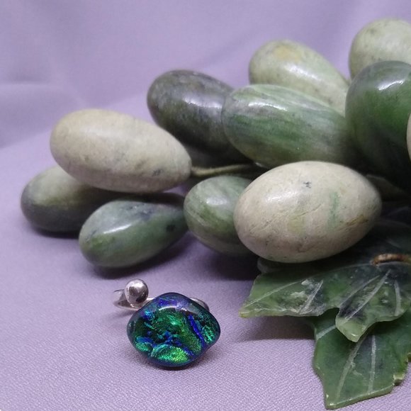 Dichroic Glass Cabochon Ring of Blues & Greens, Silver Tone Band Size 5 1/2 - Picture 1 of 7